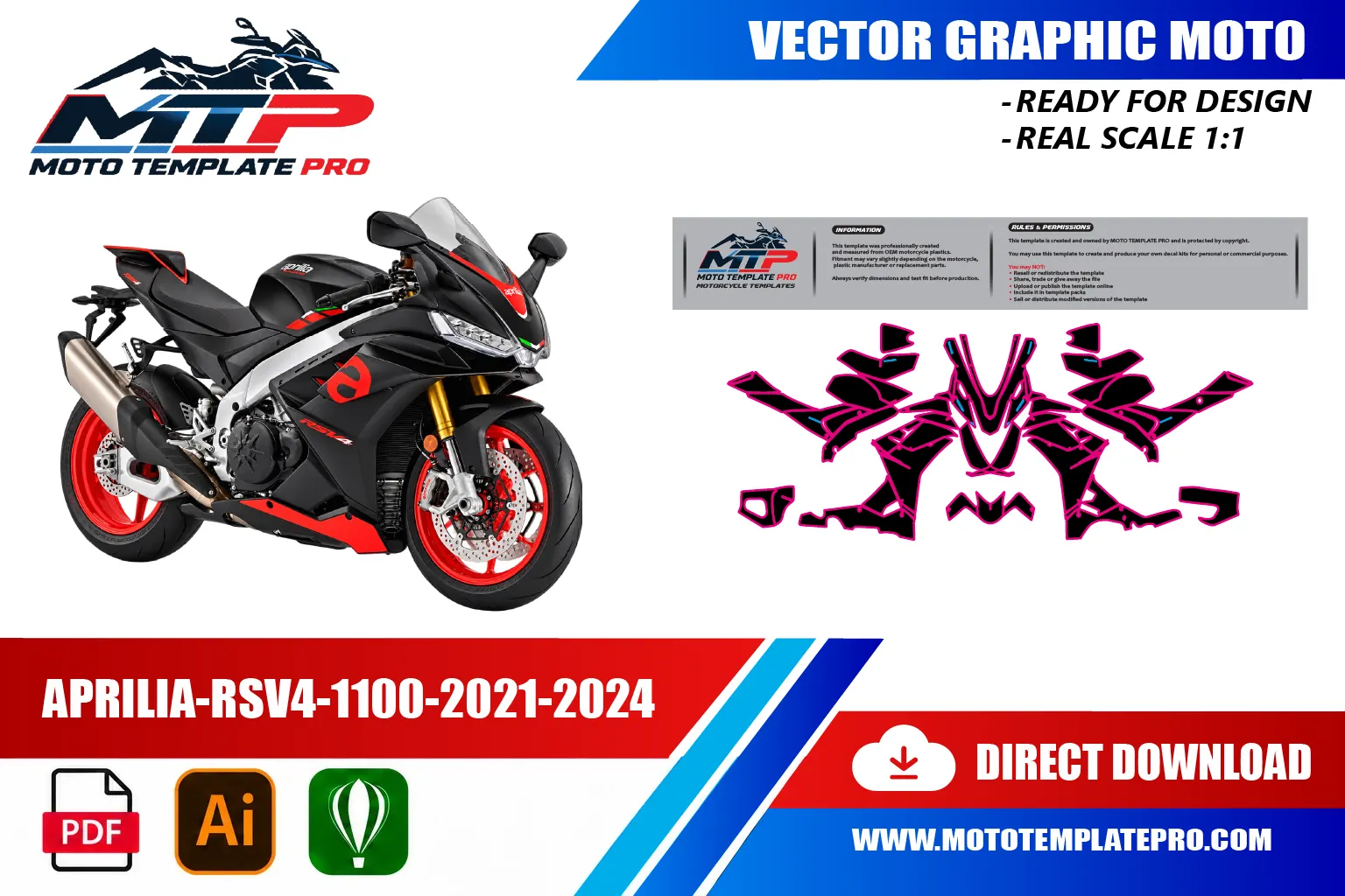Template vectoriel Aprilia RSV4 1100 2021-2024 - plan de carrosserie à l’échelle réelle 1:1 pour kits déco et covering