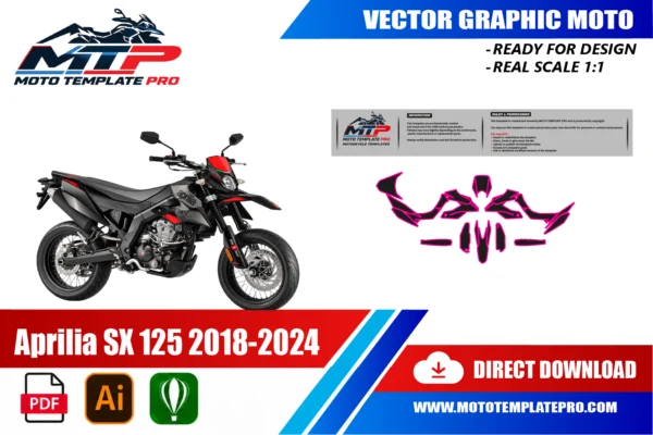 Aprilia SX 125 2018-2024 Template vectoriel Aprilia SX 125 2018-2024 - plan de carrosserie à l’échelle réelle 1:1 pour kits déco et covering