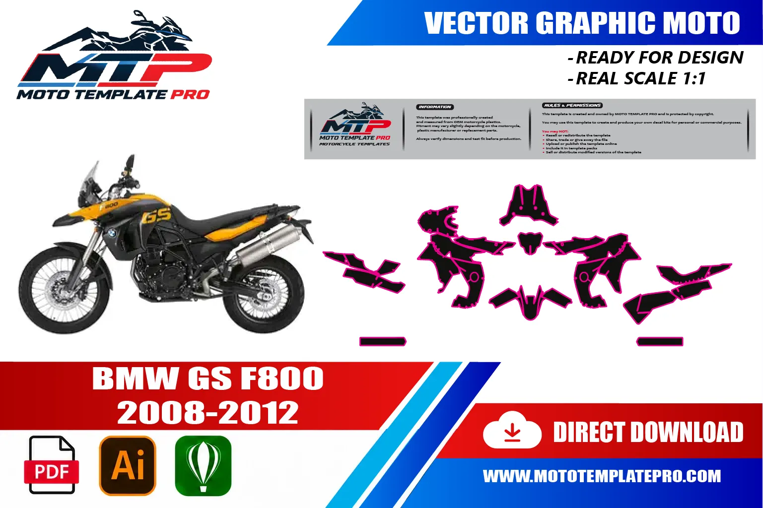 Template vectoriel BMW F800GS 2008-2012 - plan de carrosserie à l’échelle réelle 1:1 pour kits déco et covering