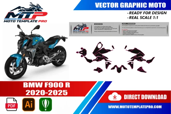 Template vectoriel BMW F900 R 2020-2025 Template vectoriel BMW F900R 2020-2025 - plan de carrosserie à l’échelle réelle 1:1 pour kits déco et covering