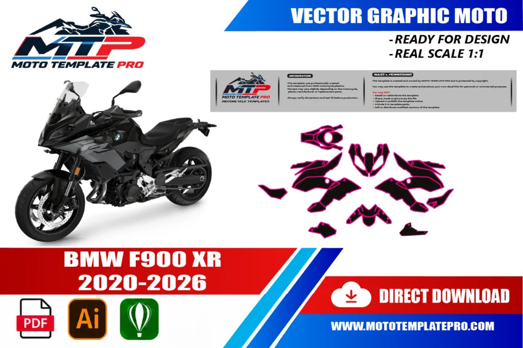 template vectoriel BMW F900XR 2020-2026 - plan de carrosserie à l’échelle réelle 1:1 pour kits déco et covering