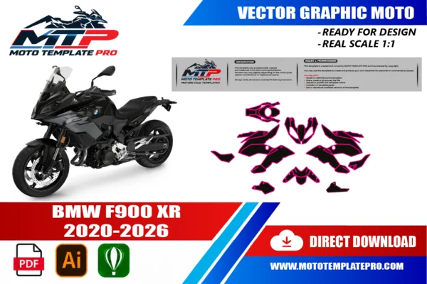 Template vectoriel BMW F900XR 2020-2026 - plan de carrosserie à l’échelle réelle 1:1 pour kits déco et covering