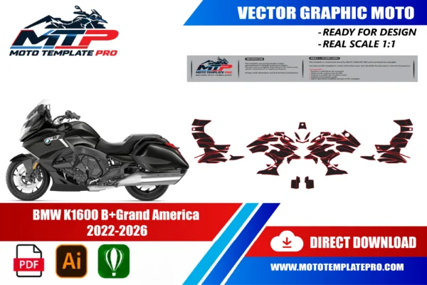 Template vectoriel BMW K1600 B 2022-2026 - plan de carrosserie à l’échelle réelle 1:1 pour kits déco et covering