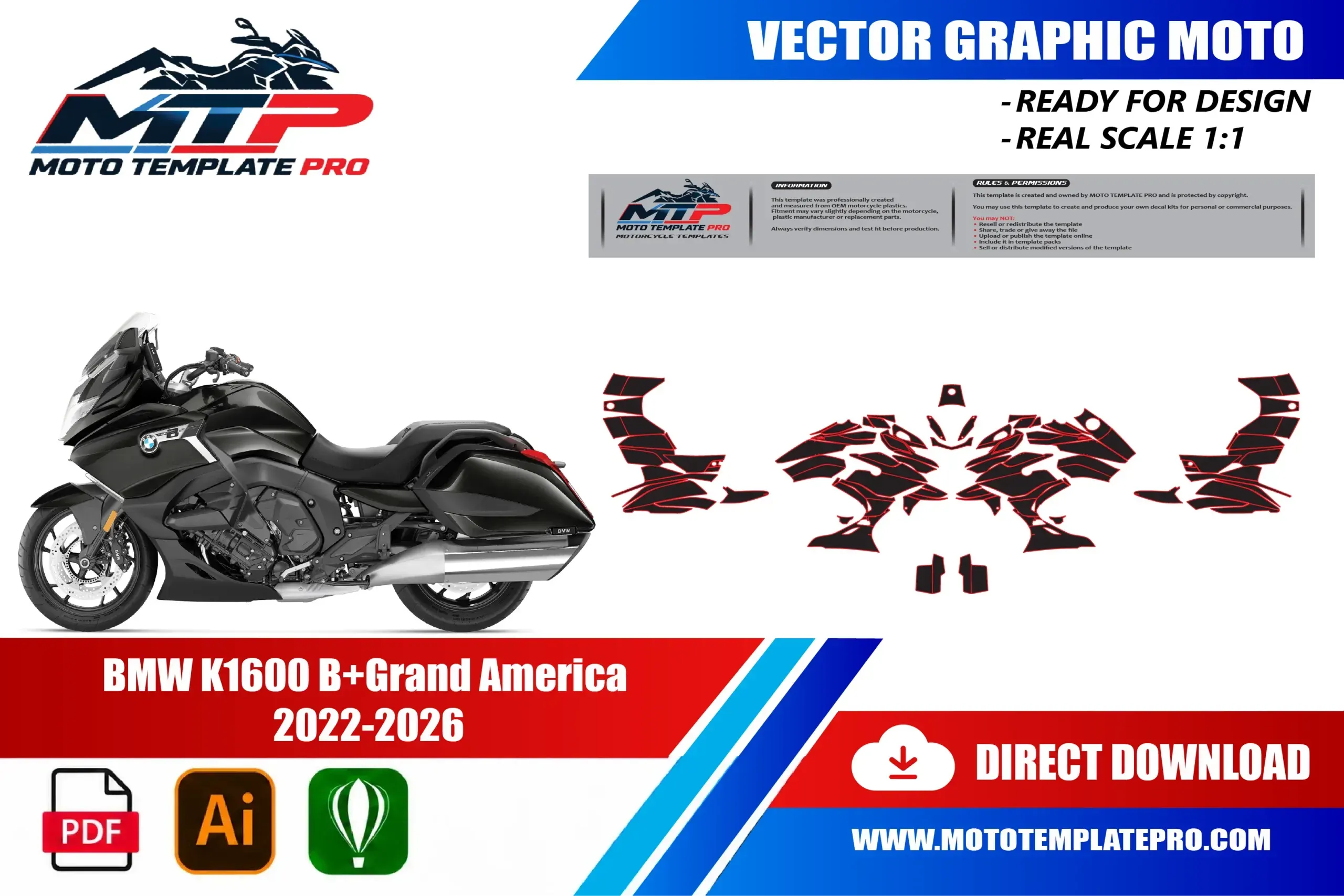 BMW K1600 B 2022-2026 vector template - real-scale 1:1 bodywork layout for decal kits and wraps