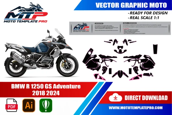 BMW R1250GS Adventure 2019-2024 Vector BMW R1250GS Adventure 2019-2024 vector template - real-scale 1:1 bodywork layout for decal kits and wraps