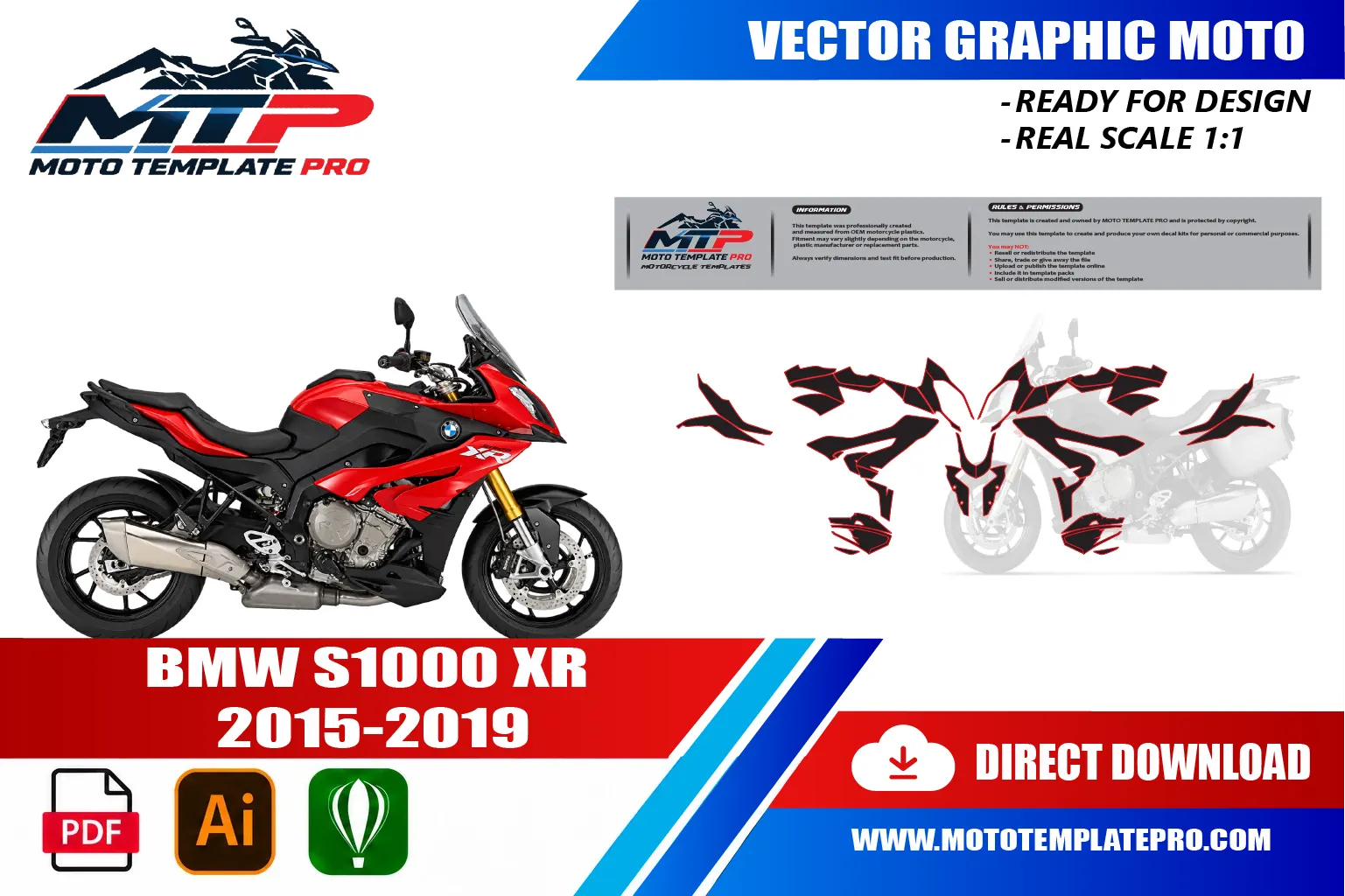 Template vectoriel BMW S1000XR 2015-2019 - plan de carrosserie à l’échelle réelle 1:1 pour kits déco et covering