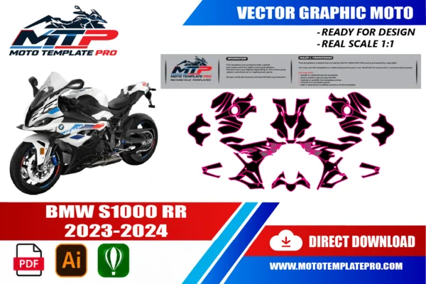 BMW S1000RR 2023-2024 vector template - real-scale 1:1 bodywork layout for decal kits and wraps