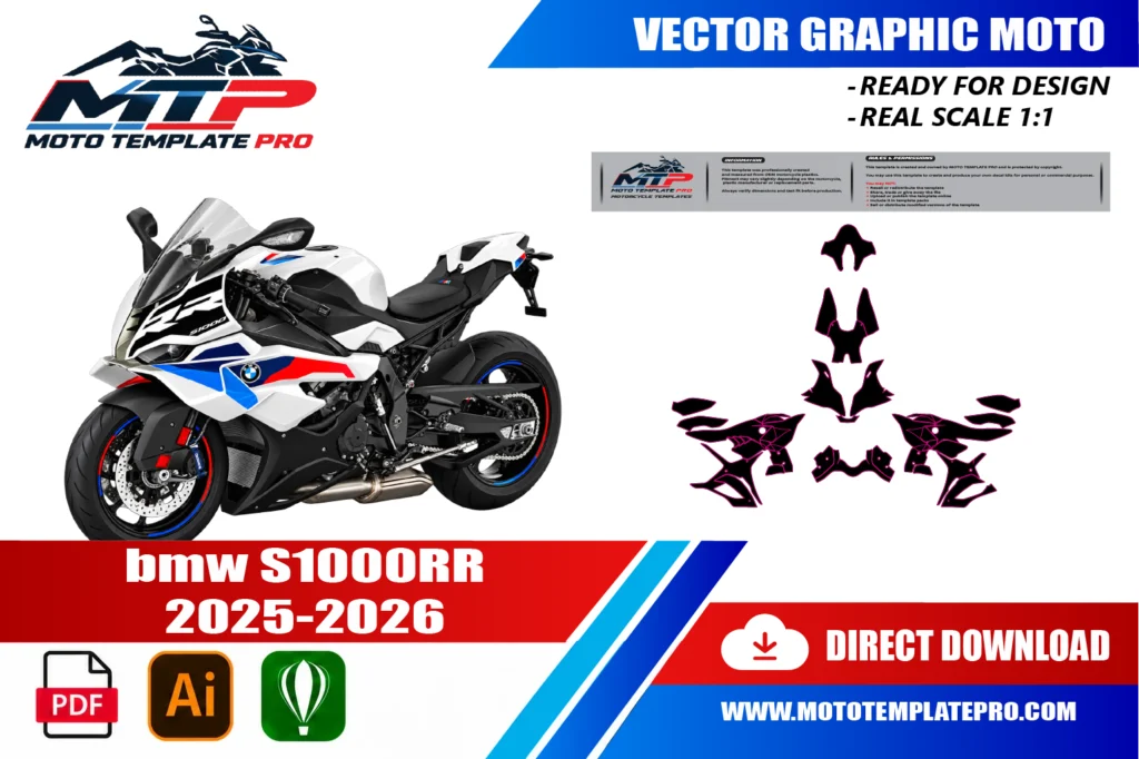 template vectoriel BMW S1000RR 2025-2026 - plan de carrosserie à l’échelle réelle 1:1 pour kits déco et covering