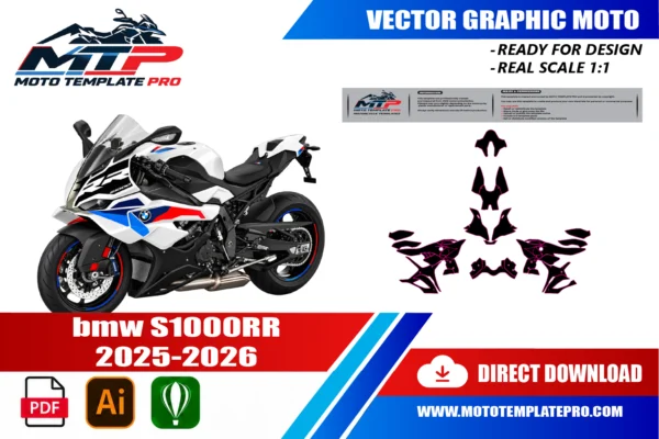 Template vectoriel BMW S1000RR 2025-2026 - plan de carrosserie à l’échelle réelle 1:1 pour kits déco et covering
