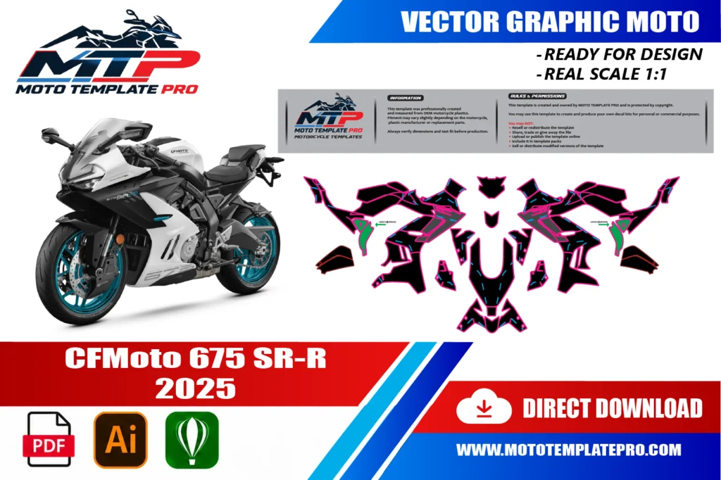 CFMOTO 675SR-R 2025 vector template - real-scale 1:1 bodywork layout for decal kits and wraps