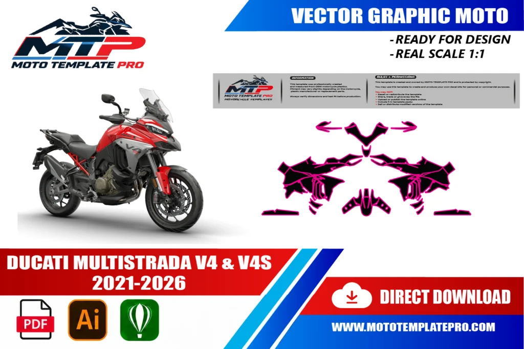 template vectoriel Ducati Multistrada V4 V4S 2021-2026 - plan de carrosserie à l’échelle réelle 1:1 pour kits déco et covering
