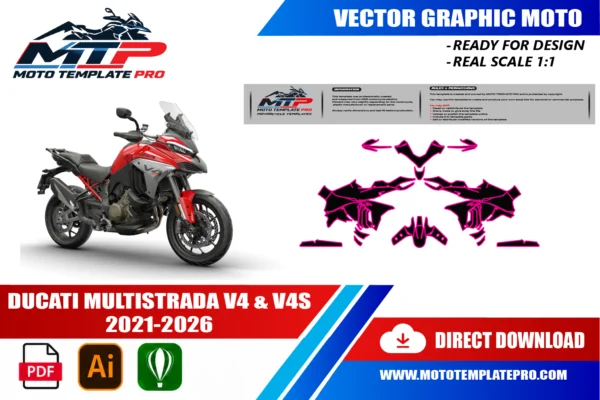 Template vectoriel Ducati Multistrada V4 V4S 2021-2026 - plan de carrosserie à l’échelle réelle 1:1 pour kits déco et covering