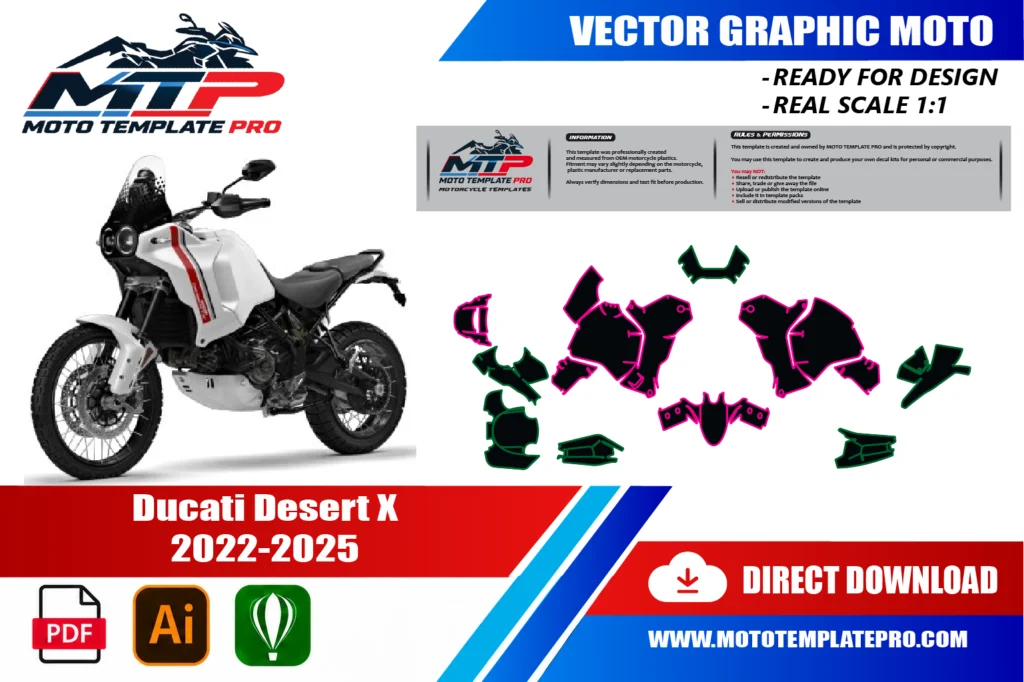 template vectoriel Ducati DesertX 2022-2025 - plan de carrosserie à l’échelle réelle 1:1 pour kits déco et covering