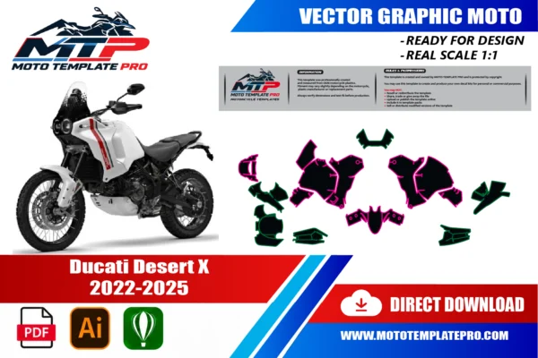 Template vectoriel Ducati DesertX (2022-2025) Template vectoriel Ducati DesertX 2022-2025 - plan de carrosserie à l’échelle réelle 1:1 pour kits déco et covering