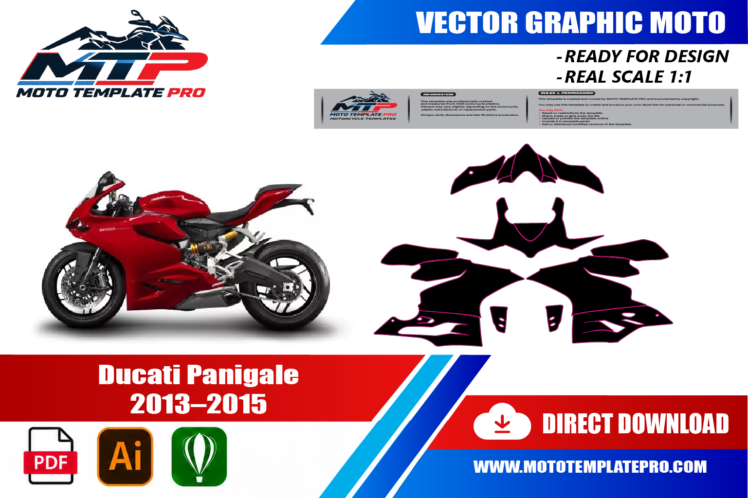 Template vectoriel Ducati Panigale 2013-2015 - plan de carrosserie à l’échelle réelle 1:1 pour kits déco et covering