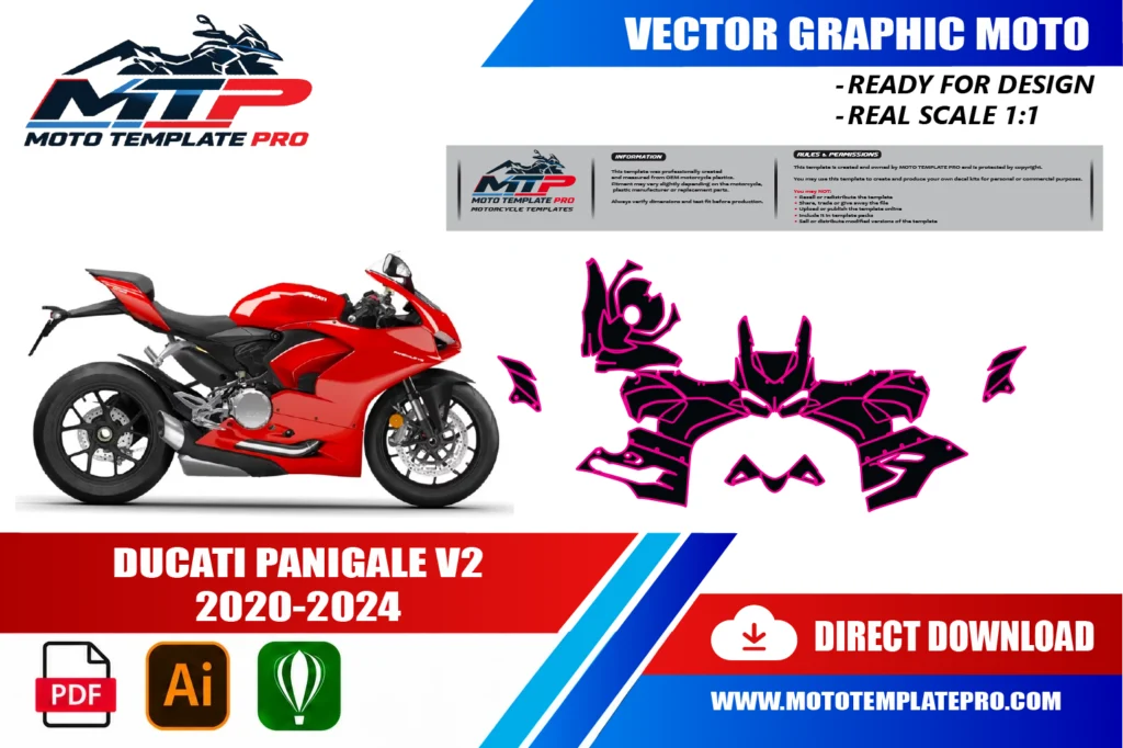 template vectoriel Ducati Panigale V2 2020-2024 - plan de carrosserie à l’échelle réelle 1:1 pour kits déco et covering