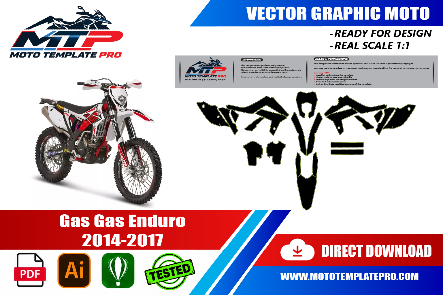 Template vectoriel Gas Gas Enduro 2014-2017 - plan de carrosserie à l’échelle réelle 1:1 pour kits déco et covering