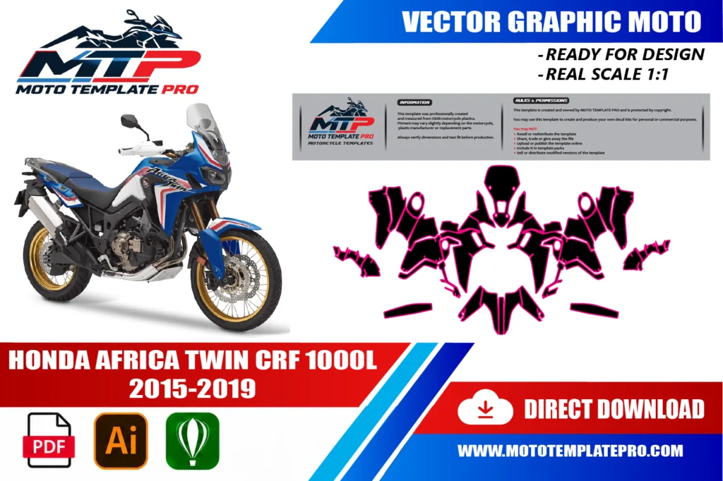 template vectoriel Honda Africa Twin CRF 1000L 2015-2019 - plan de carrosserie à l’échelle réelle 1:1 pour kits déco et covering