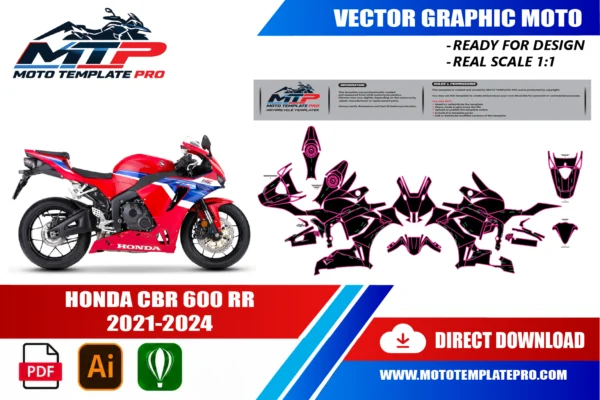 Template vectoriel Honda CBR600RR 2021-2024 - plan de carrosserie à l’échelle réelle 1:1 pour kits déco et covering