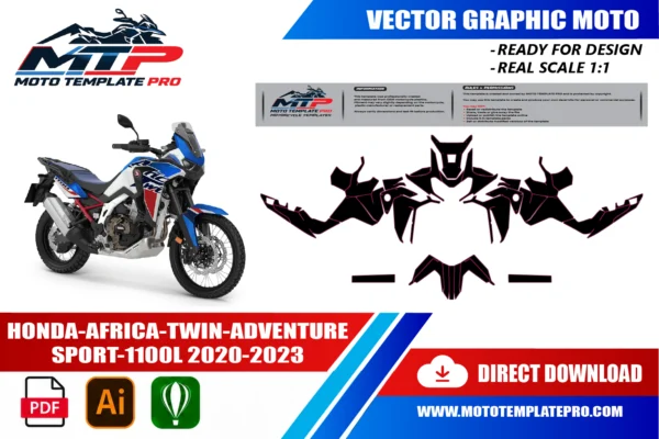 Template vectoriel Africa Twin Adventure Sports 2020-2023 - plan de carrosserie à l’échelle réelle 1:1 pour kits déco et covering