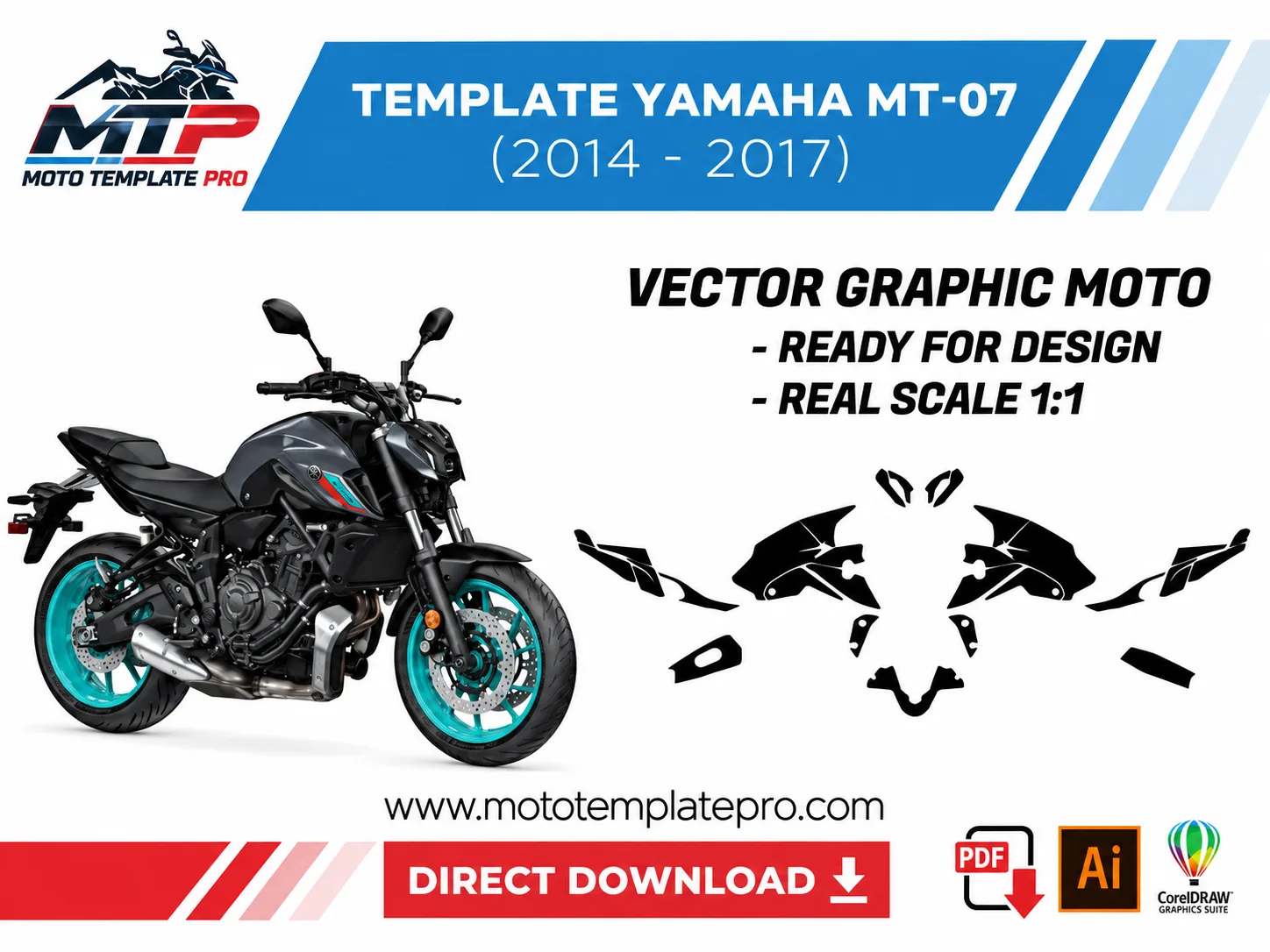 Template vectoriel Yamaha MT-07 2014-2017 - plan de carrosserie à l’échelle réelle 1:1 pour kits déco et covering