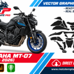 Template vectoriel Yamaha MT-07 2025+ - plan de carrosserie à l’échelle réelle 1:1 pour kits déco et covering