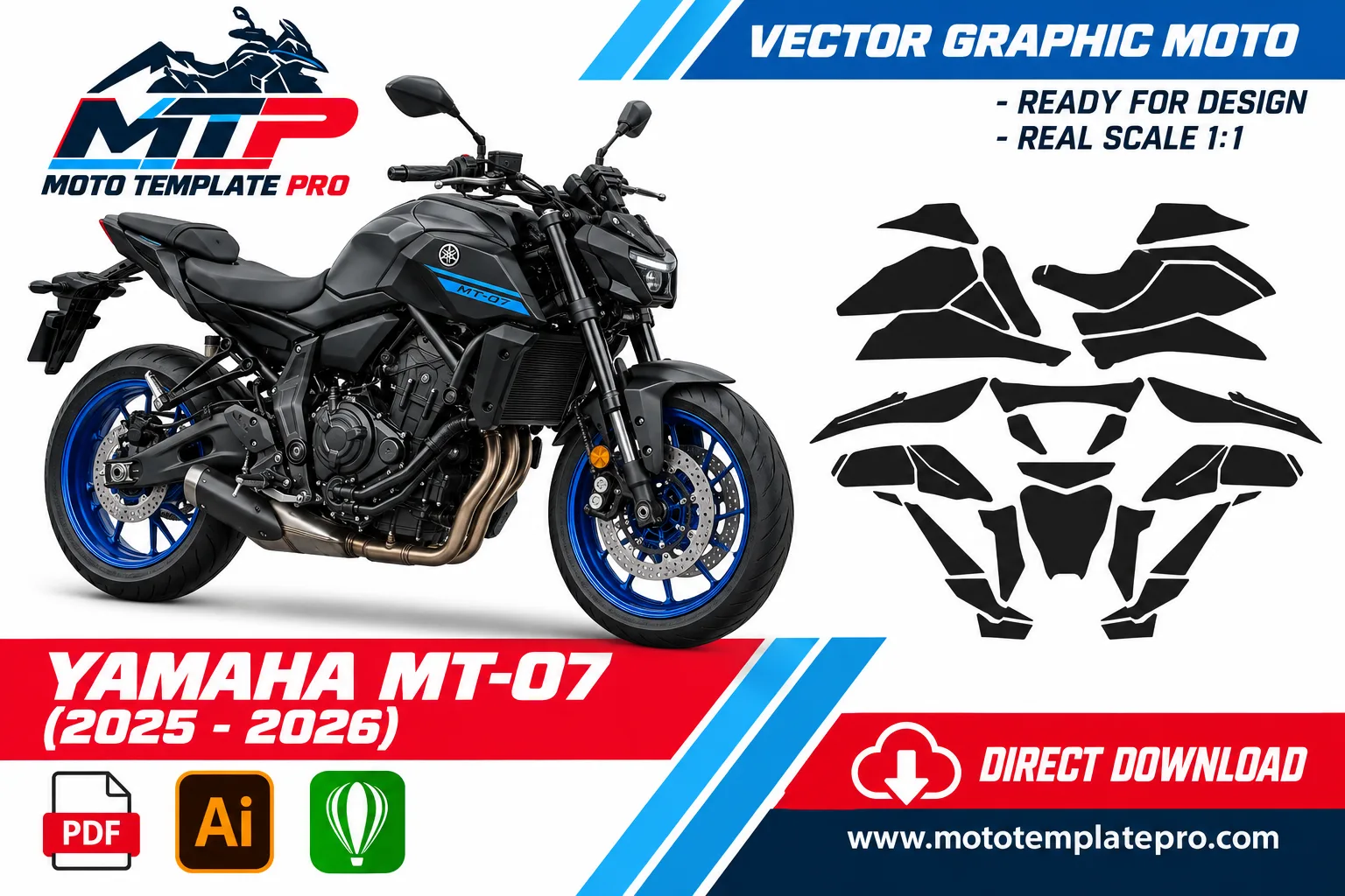Template vectoriel Yamaha MT-07 2025+ - plan de carrosserie à l’échelle réelle 1:1 pour kits déco et covering