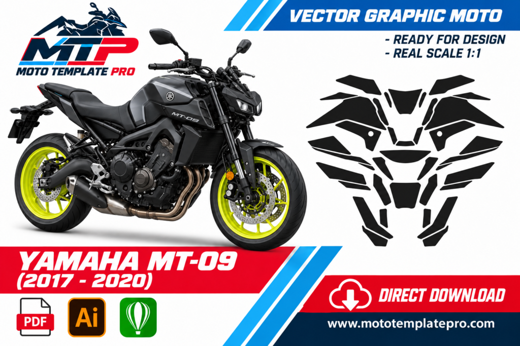 template vectoriel Yamaha MT-09 2017-2020 - plan de carrosserie à l’échelle réelle 1:1 pour kits déco et covering
