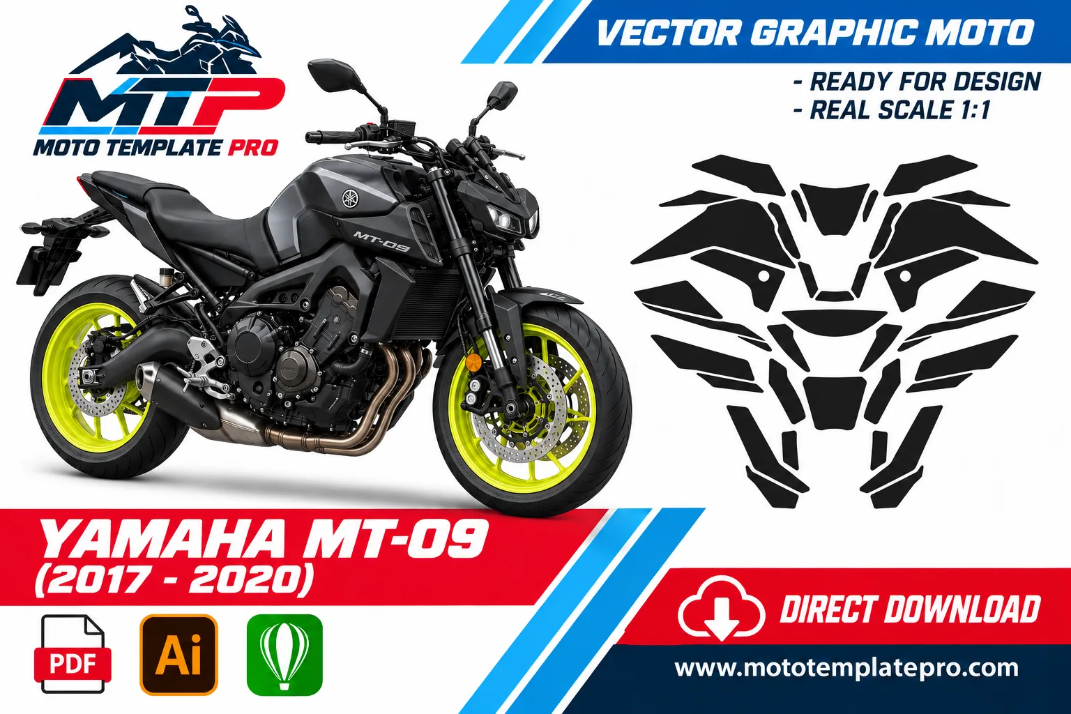 Template vectoriel Yamaha MT-09 2017-2020 - plan de carrosserie à l’échelle réelle 1:1 pour kits déco et covering
