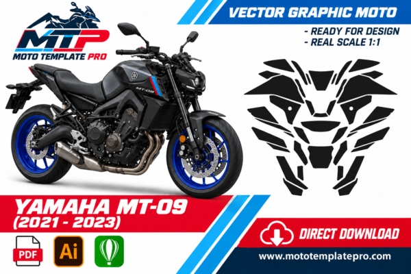 Yamaha MT-09 Vector Template 2021-2023 Yamaha MT-09 2021-2023 vector template - real-scale 1:1 bodywork layout for decal kits and wraps