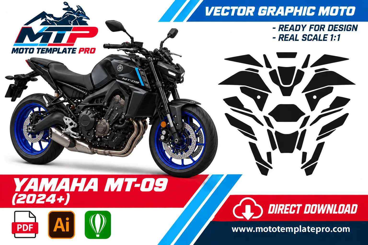 Template vectoriel Yamaha MT-09 2024+ - plan de carrosserie à l’échelle réelle 1:1 pour kits déco et covering