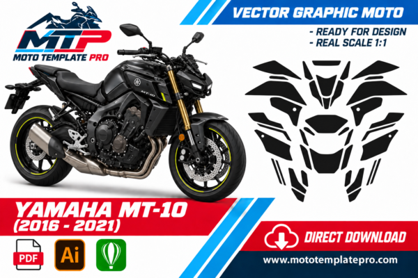 Template vectoriel Yamaha MT-10 2016-2021 - plan de carrosserie à l’échelle réelle 1:1 pour kits déco et covering