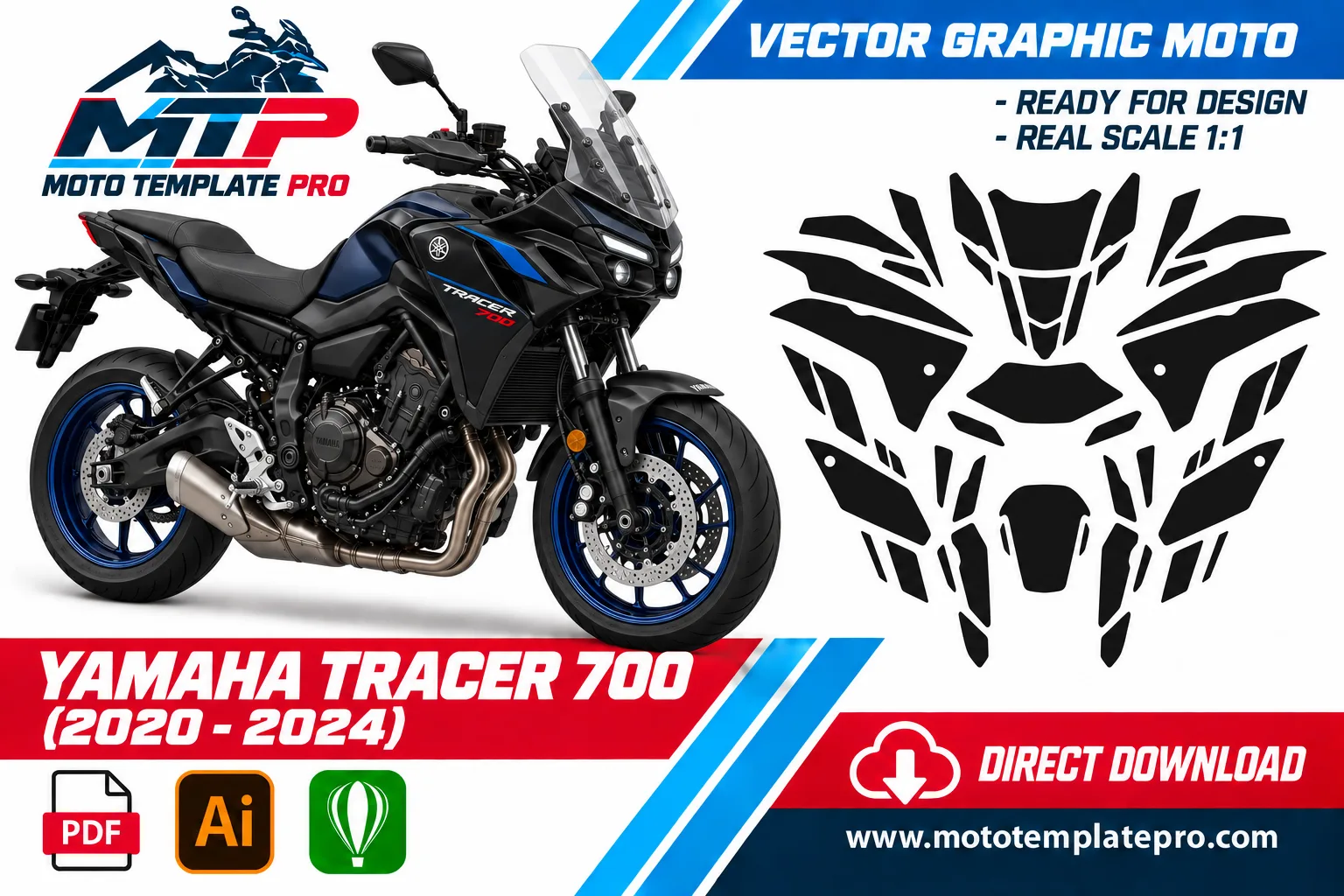 Template vectoriel Yamaha Tracer 700 2020-2024 - plan de carrosserie à l’échelle réelle 1:1 pour kits déco et covering