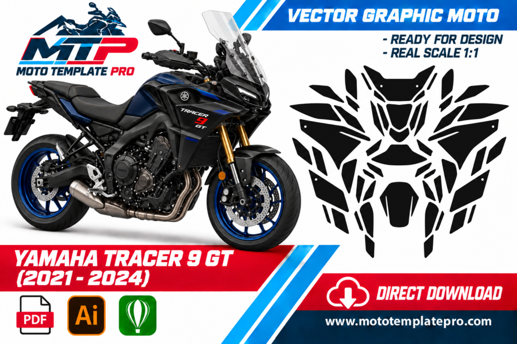 template vectoriel Yamaha Tracer 9 GT 2021-2024 - plan de carrosserie à l’échelle réelle 1:1 pour kits déco et covering