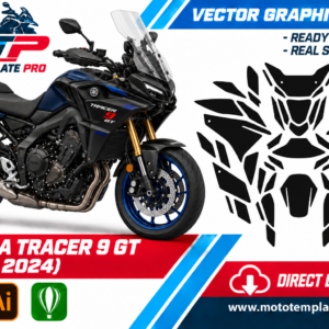 Template vectoriel Yamaha Tracer 9 GT 2021-2024 - plan de carrosserie à l’échelle réelle 1:1 pour kits déco et covering