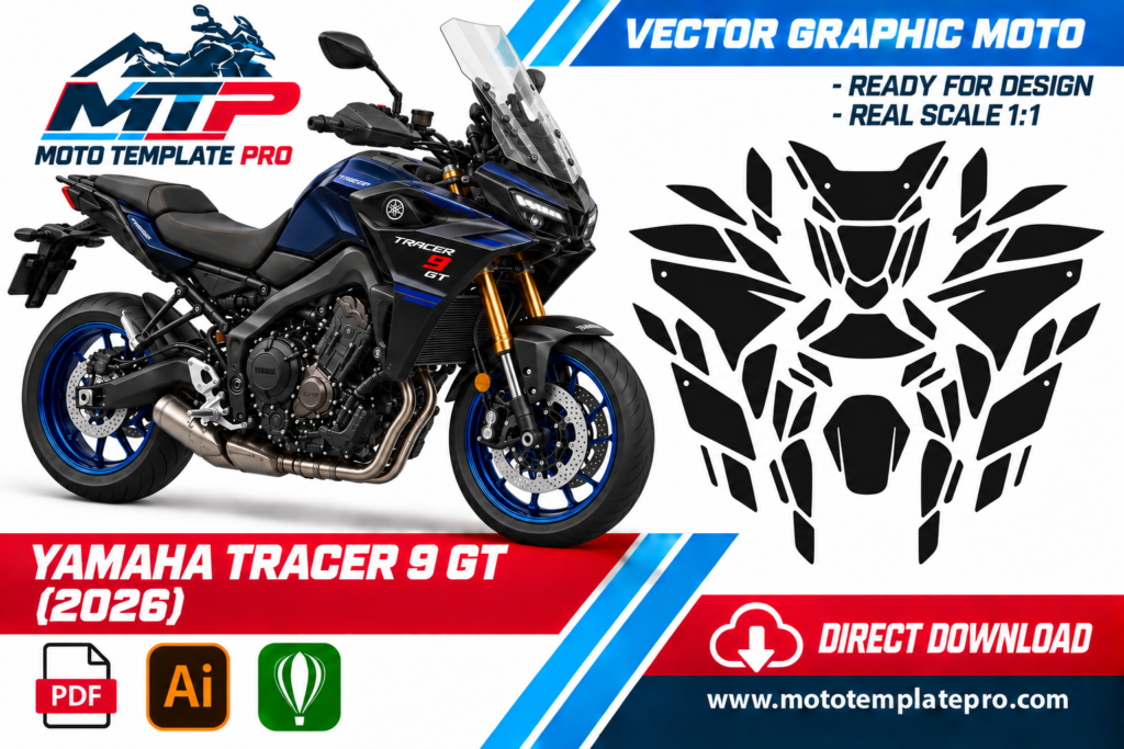 template vectoriel Yamaha Tracer 9 GT 2026 - plan de carrosserie à l’échelle réelle 1:1 pour kits déco et covering