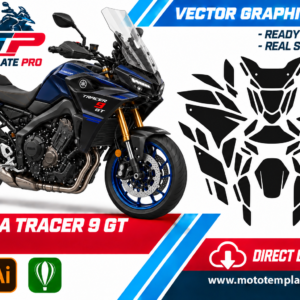 Template vectoriel Yamaha Tracer 9 GT 2026 - plan de carrosserie à l’échelle réelle 1:1 pour kits déco et covering