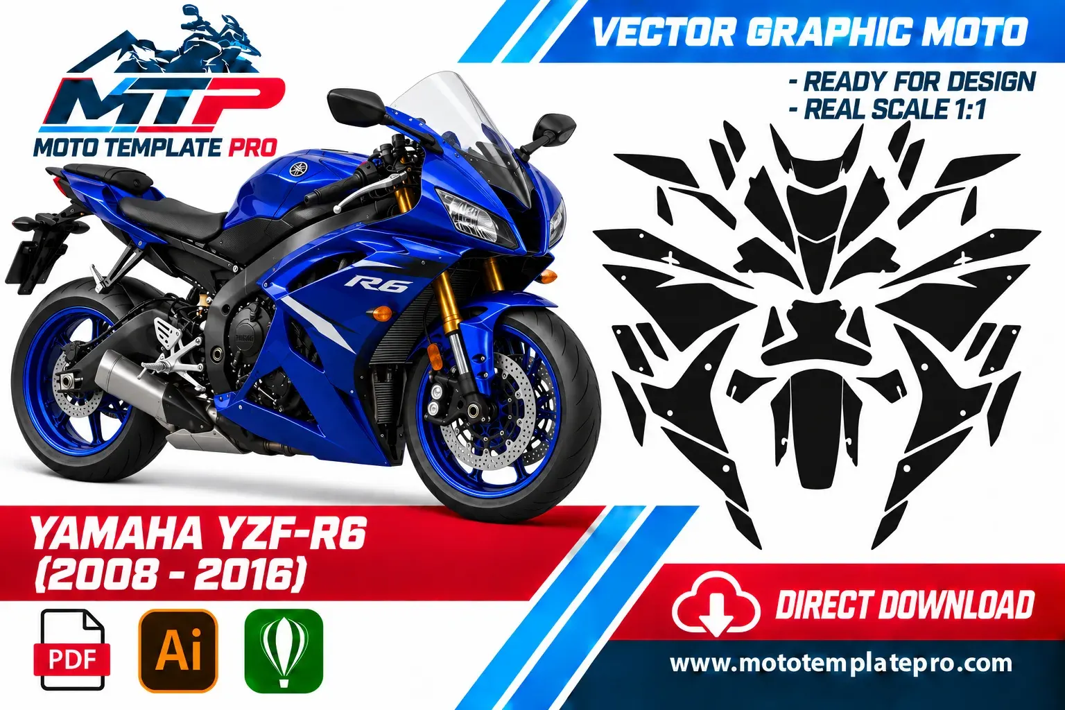 Template vectoriel Yamaha YZF-R6 2008-2016 - plan de carrosserie à l’échelle réelle 1:1 pour kits déco et covering