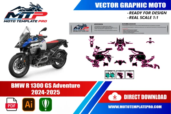 Template vectoriel BMW R1300GS Adventure 2024-2025 - plan de carrosserie à l’échelle réelle 1:1 pour kits déco et covering