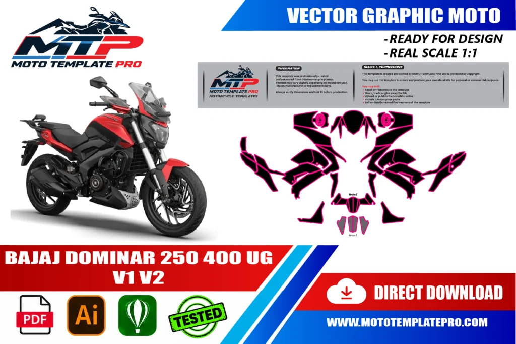 template vectoriel Bajaj Dominar 250 400 UG V1 V2 - plan de carrosserie à l’échelle réelle 1:1 pour kits déco et covering