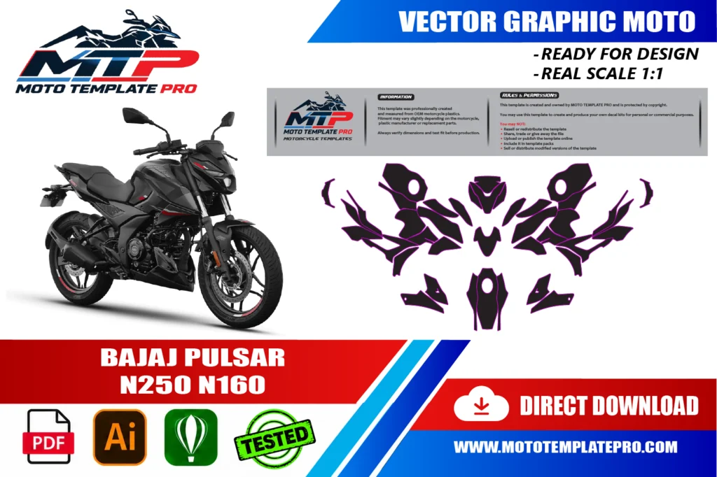 template vectoriel Bajaj Pulsar N250 N160 - plan de carrosserie à l’échelle réelle 1:1 pour kits déco et covering