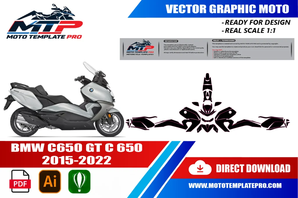 template vectoriel BMW C650GT 2015-2022 - plan de carrosserie à l’échelle réelle 1:1 pour kits déco et covering