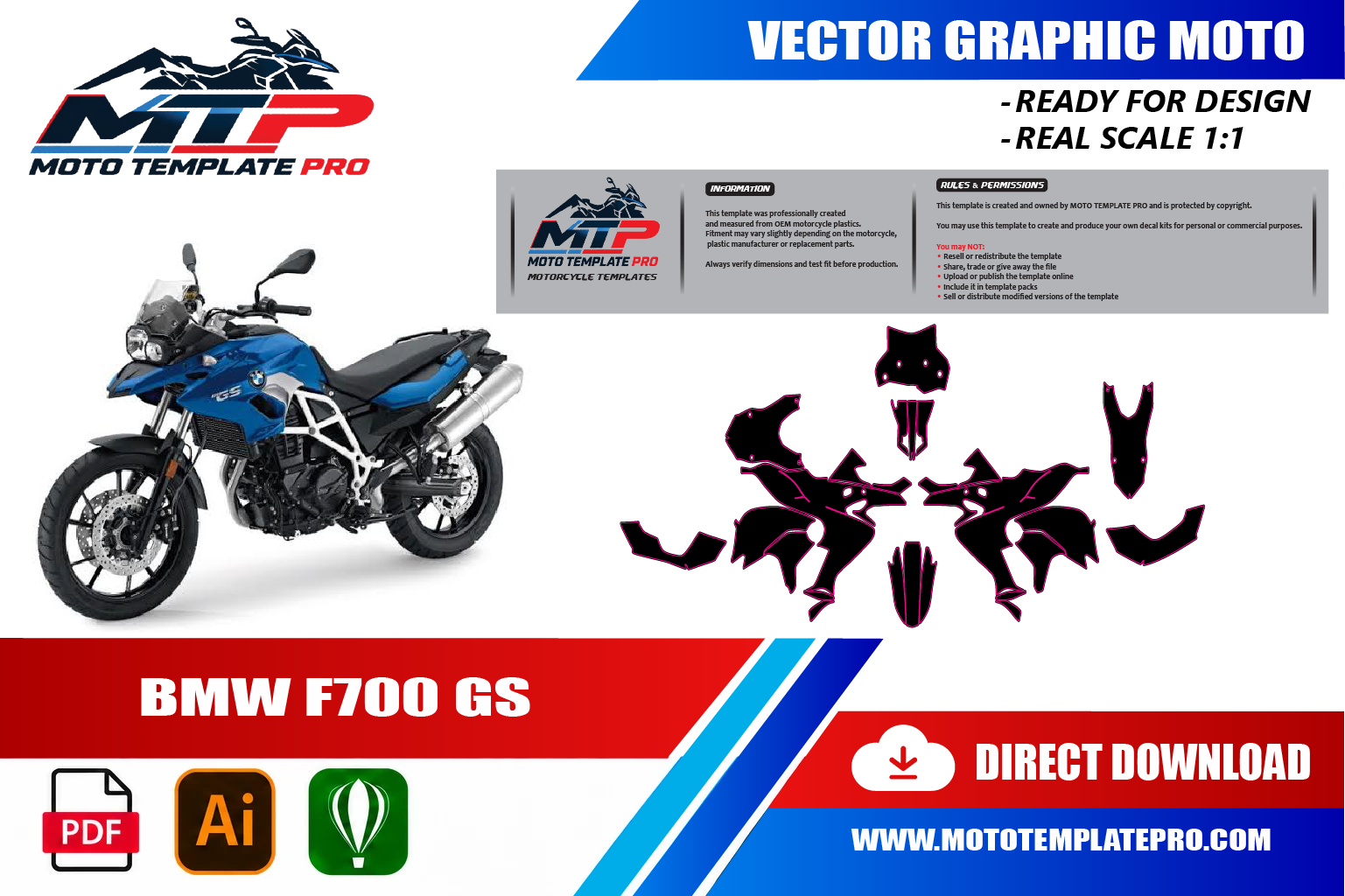 Template vectoriel BMW F700GS 2013-2017 - plan de carrosserie à l’échelle réelle 1:1 pour kits déco et covering