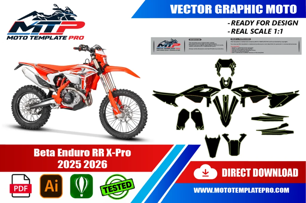 template vectoriel Beta Enduro RR X-Pro 2025-2026 - plan de carrosserie à l’échelle réelle 1:1 pour kits déco et covering