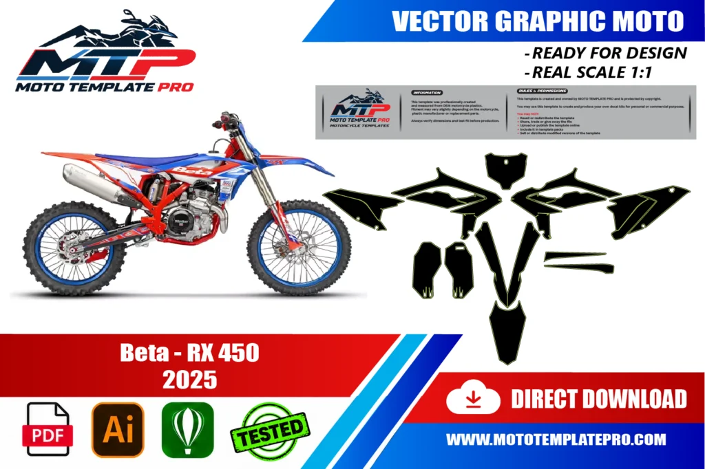 Beta RX 450 2025 vector template - real-scale 1:1 bodywork layout for decal kits and wraps