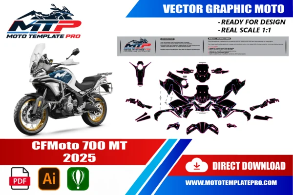 Template vectoriel CFMOTO 700MT 2025 - plan de carrosserie à l’échelle réelle 1:1 pour kits déco et covering