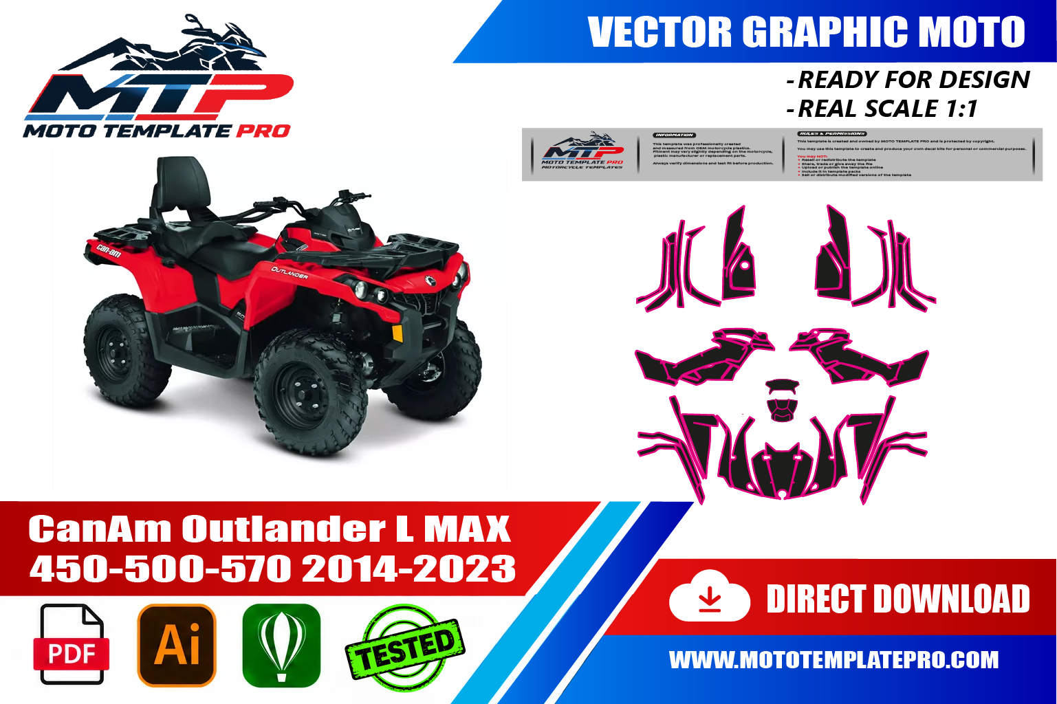 Template vectoriel Can-Am Outlander L MAX 450-500-570 2014-2023 - plan de carrosserie à l’échelle réelle 1:1 pour kits déco et covering