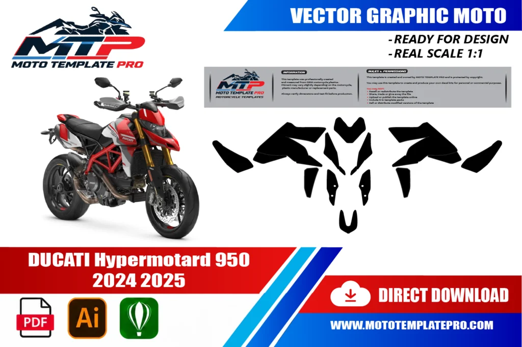 template vectoriel Ducati Hypermotard 950 2024-2025 - plan de carrosserie à l’échelle réelle 1:1 pour kits déco et covering