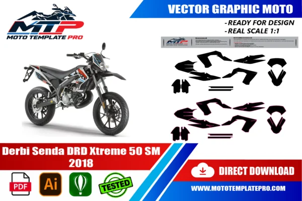 Derbi Senda DRD Xtreme 50 SM 2018 vector template - real-scale 1:1 bodywork layout for decal kits and wraps