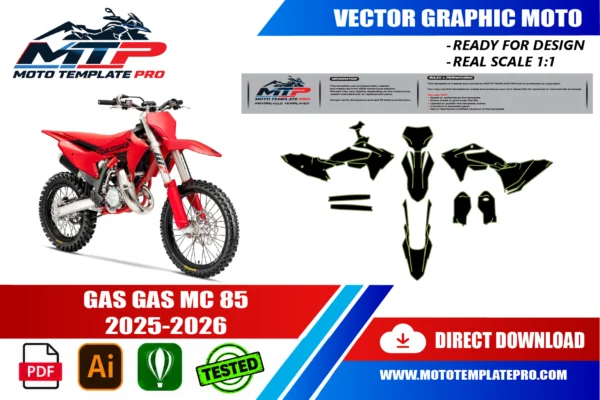 Template vectoriel Gas Gas MC 85 2025-2026 - plan de carrosserie à l’échelle réelle 1:1 pour kits déco et covering